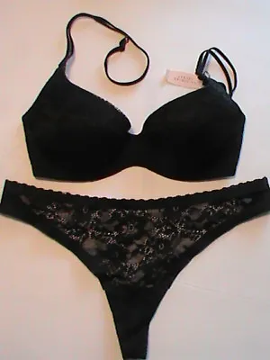 Victoria's Secret 2-pc-SET Embrace Angels Push Up Bra-34B Thong-M Black Lace NEW • $90