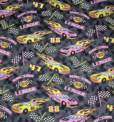 MBT Pink Yellow Racing Cars Numbers RACING LEAGUE Grey Cotton Fabric BTY OOP • $15.99