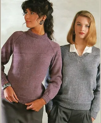 Easy Knit Ladies Crew & V-neck Raglan Sweaters Knitting Pattern DK 32-42  1327 • £2.09