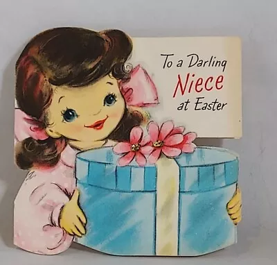 Girl Holding Gift Box With Flowers DieCut Vintage Hallmark Easter Card Niece • $3.50