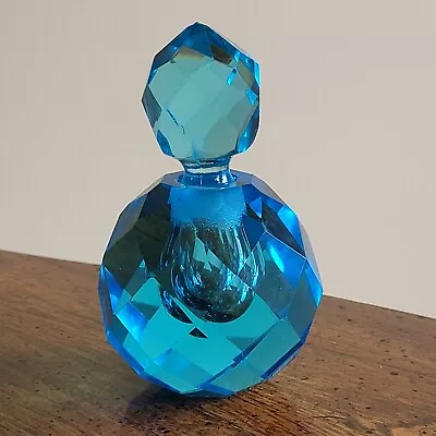 Vintage Irice Faceted Turquoise Blue Glass Perfume Bottle With Stopper 4  • $29.99