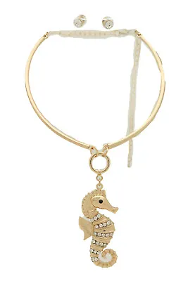Women Necklace Gold Metal Fashion Jewelry Water Seahorse Pendant + Earrings Set • $13.99
