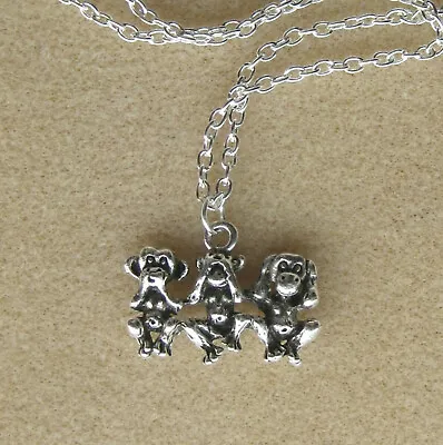 Three Wise Monkeys Pendant 18  Necklace - Hear No See No Speak No Evil - Karma • £4.75