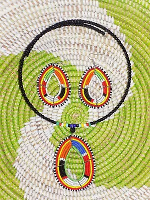 Hand Made Maasai Beaded Necklace & Earrings Set Boho Hippie Tribal Jsmm2 • $12.97