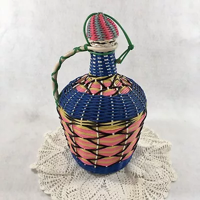 Vtg Wine Bottle With Woven Scoubidou Wicker With Cap 11” Tall • $29