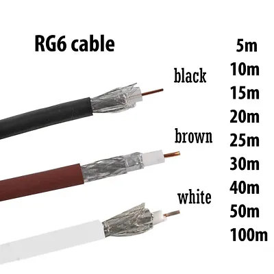 Coax TV Aerial Satellite SKY RF Coaxial Cable RG6 BLACK WHITE BROWN Wire • £24.99