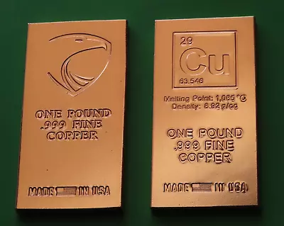 TWO 1 Lb  .999 Fine Copper Bars - Provident Metals (Elemental / Aegis Eagle) • $38