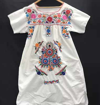Vintage 70s/80s Floral Embroidered Mexican Moo-moo White Nostalgic Grandmacore • $65.05