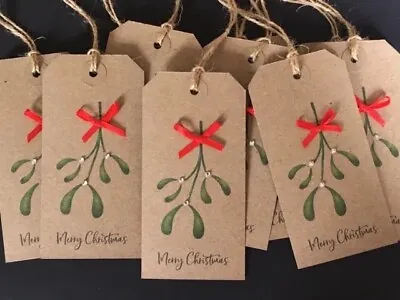 £2.45 • Buy 10 Large Kraft Embellished  Mistletoe Christmas Gift Tag Labels