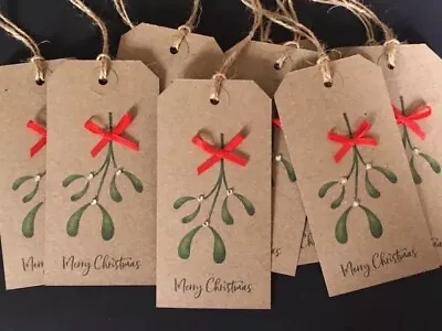 £2.45 • Buy 10 Large Kraft Embellished  Mistletoe Christmas Gift Tag Labels