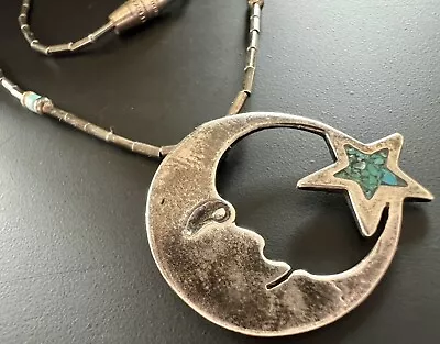 Crescent Moon Liquid Silver Turquoise Chip Celestial Vintage Necklace Choker 925 • $25