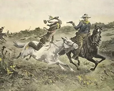 Victorian Engraving Print Cowboy Indian Wild West Fighting Frank Feller 1894 • £22.99