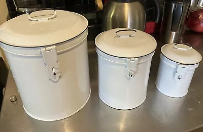 White  Enamelware Metal Kitchen Canister Set Of 3 Hinged Lid  Modern Farmhouse. • $19.95