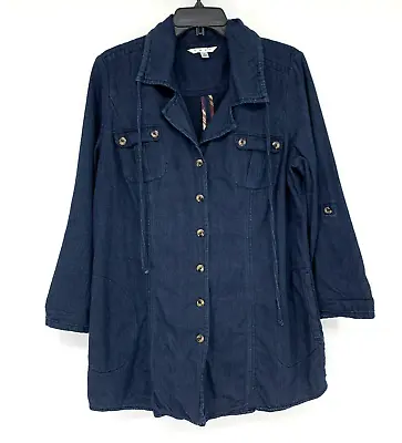 Cabi Jacket Womens Size Large Blue Chabray Button Down Shacket Roll Tab Sleeve • $24.29