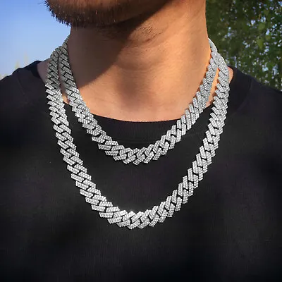 12mm Iced CZ Out Cuban Link Chain White Gold Stainless Steel Hip Hop Jewelry • $37.59