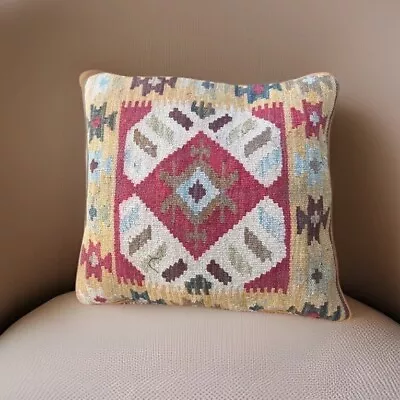 Afghan Handwoven  Kilim Cushion Cover Traditional Wool Cushion ( 45 X 45 CM ) • $49