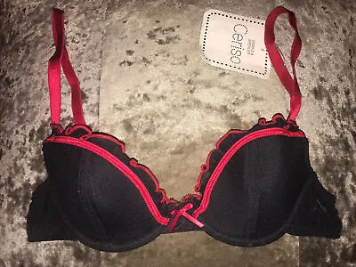 Marks & Spencer Ceriso Black & Red Frill Padded Underwired Bra Size 32A New • £4.99