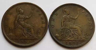 1862 + 1891 Britain Pennies VF Two Victoria British Pence Coins • $19.99