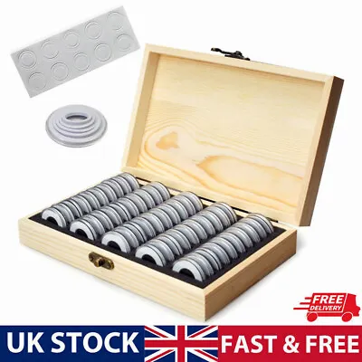 50/100 Coin Cabinet Tray Wood Display Box 18-30mm Universal Size Coin Collection • £23.99