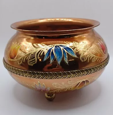 Vtg Santa Clara Del Cobre Enameled Copper Planter Bowl Handmade & Painted Signed • $40