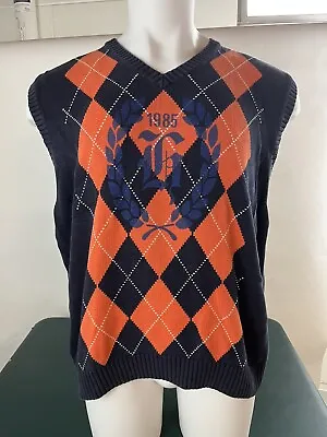 Tommy Hilfiger Men’s Blue & Orange Sweater Vest Argyle XXL Crest Logo (62) • $19.99