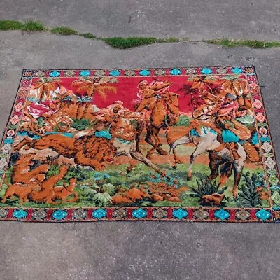 Vtg. Middle Eastern Tapestry/rug With Men On Camels And Horses Fighting Lions • $115