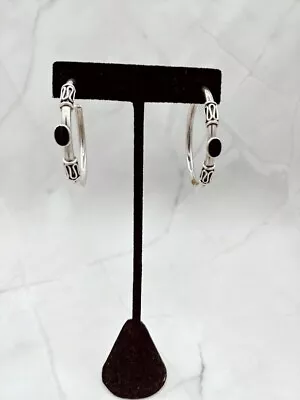 Vintage Sterling Silver Bali Hoop Earrings Black Onyx Hoop Boho Bali Style • $40