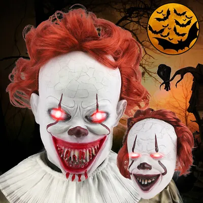 Pennywise Scary Clown Latex Mask Halloween Face Mask LED Light Up Full Head Mask • £9.89
