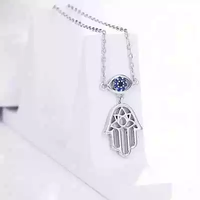 Women's Humsa Evil Eye Pendant Necklace 14K White Gold Plated Cubic Zirconia • $160