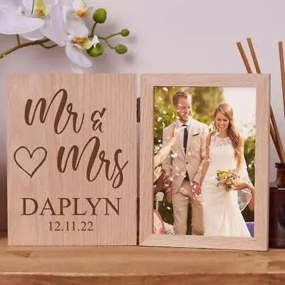 Personalised Mr And Mrs Wedding Day Book Photo Frame Solid Oak Wood Gift OK-35 • £18.99