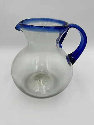 Mexican Glass Margarita Or Juice Pitcher - Clear Glass With Blue Rim And Handle • $29.99