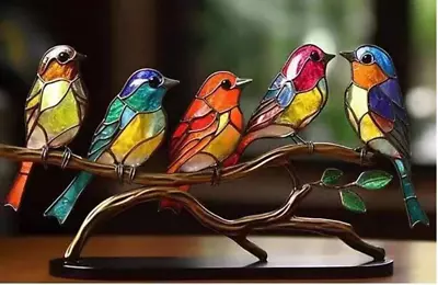 5 Colorful Birds Statue Standing On The Tree Branch Figurine Vintage Style Decor • $20.79