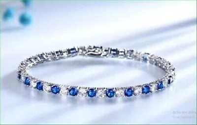 $150 • Buy 10 Ct Round Cut Blue Sapphire Diamond Tennis Bracelet 14K White Gold Plated
