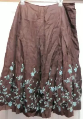 Dressbarn Women's Plus Size 18W Linen Blend Brown W/Green Embroidery Midi SKIRT • $24.99