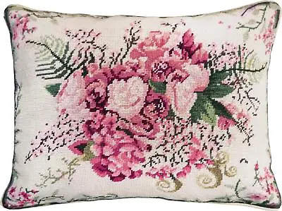 $289 • Buy Throw Pillow Needlepoint Floral Fusion 16x20 20x16 Green Red Off-White Cotton