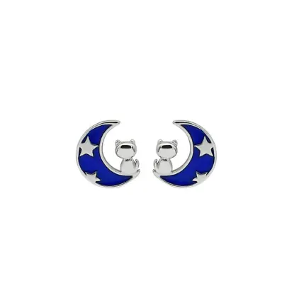 $12.95 • Buy Solid Sterling Silver 9mm Cat On The Moon Star Post Stud Earrings Gift Box A32