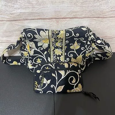 Vera Bradley Yellow Black Floral Print Shoulder Bag Purse And Wallet • $13.29