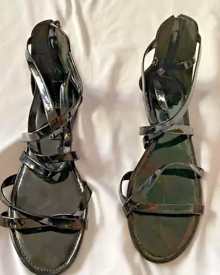 Black Sandals Size 11 Flat Strappy Zipper Back Shiny Spring Summer Open Toe • $14.03