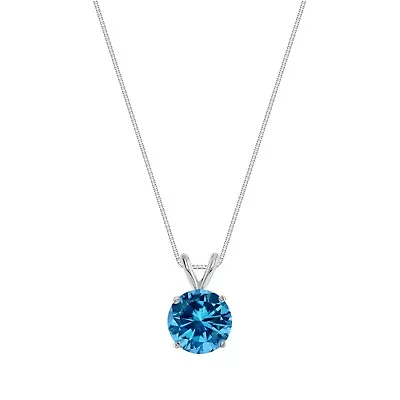 2.25 Ct Round Cut Blue Solid Real 14K White Gold Solitaire Pendant 18  Necklace • $259.97