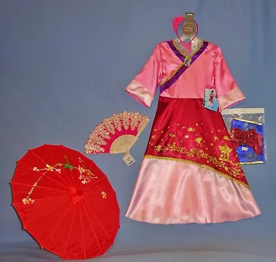 Disney Mulan Costume Dress-girls 3T-4T;7-8-Kimono-Belt-Fan-Parasol-Hairbow-LOT-5 • $36.50