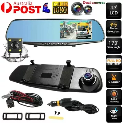 1080P HD Dash Camera Front Rear View Cam Car DVR Tail Reversing Mirror Recorder • $32.59