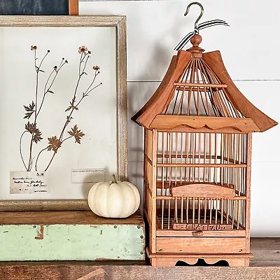 Vintage Pagoda Bamboo Bird Cage With Metal Hook 16.5”Hx7”Wx7”D • $64