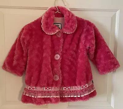 Corky And Company Girls' Toddlers' 3T Pink Faux Fur Coat Chenille Bows Trim • $24.99