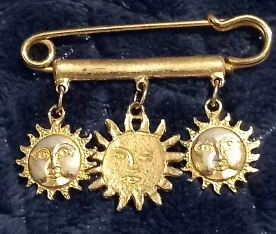 Gold Tone Large Safety Pin With Sun Charms • £5.99