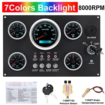 5 Gauge Set With Instrument Panel 0-8000 RPM LED 7 Colors For Marine Boat Yacht • $194.98