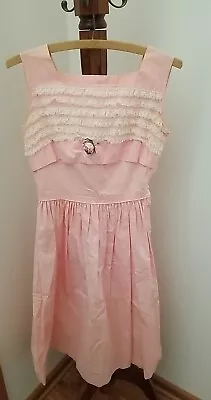 Vintage 1950s Pink Cotton Sundress With Lace & Rose Accents. Small • $26