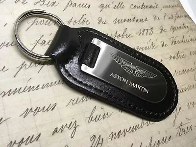 ASTON MARTIN BLACK LEATHER KEY RING FOB ETCHED BLIND Vanquish Vantage DB9 DB10 • $7.40