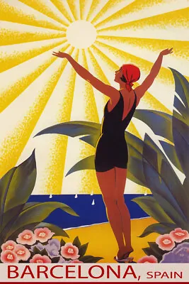 Barcelona Spain Beach Woman Saluting Sun Travel Vintage Poster Repro FREE S/H • $17.90