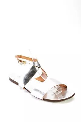J Crew Womens Strappy Wrapped Ankle Buckled Metallic Sandals Silver Size 8 • $34.81