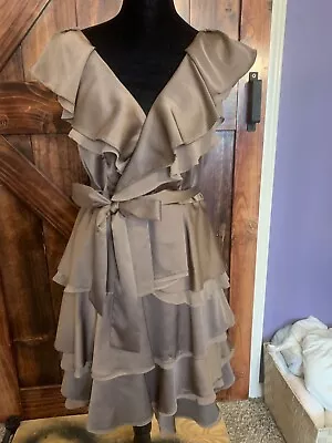 C. LUCE C LUCE Bronze Ruffle Sleeve V Neck Wrap Dress With Bow - Size M Medium • $10